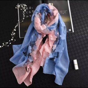 Hollow Flower Lace Scarf Light Blue And Pink Color